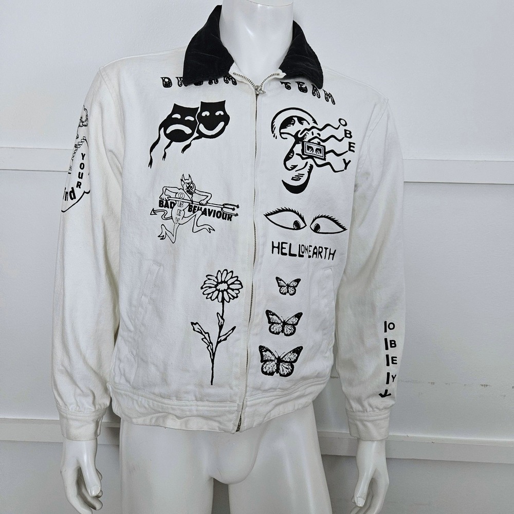 Obey Mens Dream Team Graphic Print White Denim Jacket Corduroy Collar Size M